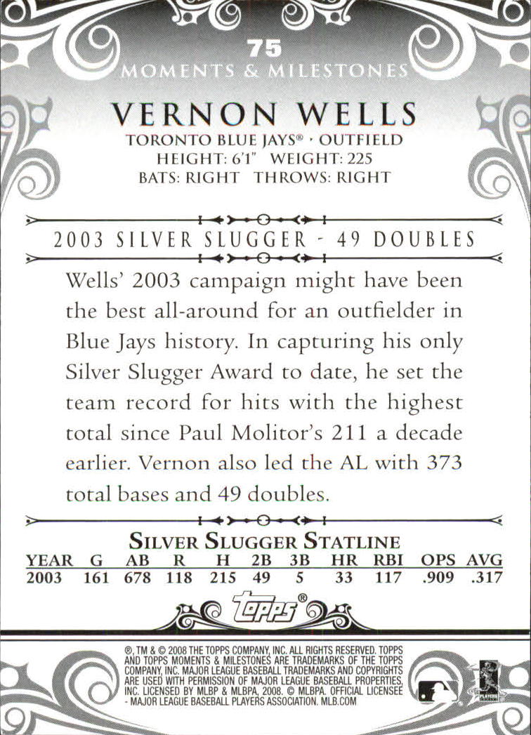2008 Topps Moments and Milestones #75-8 Vernon Wells back image