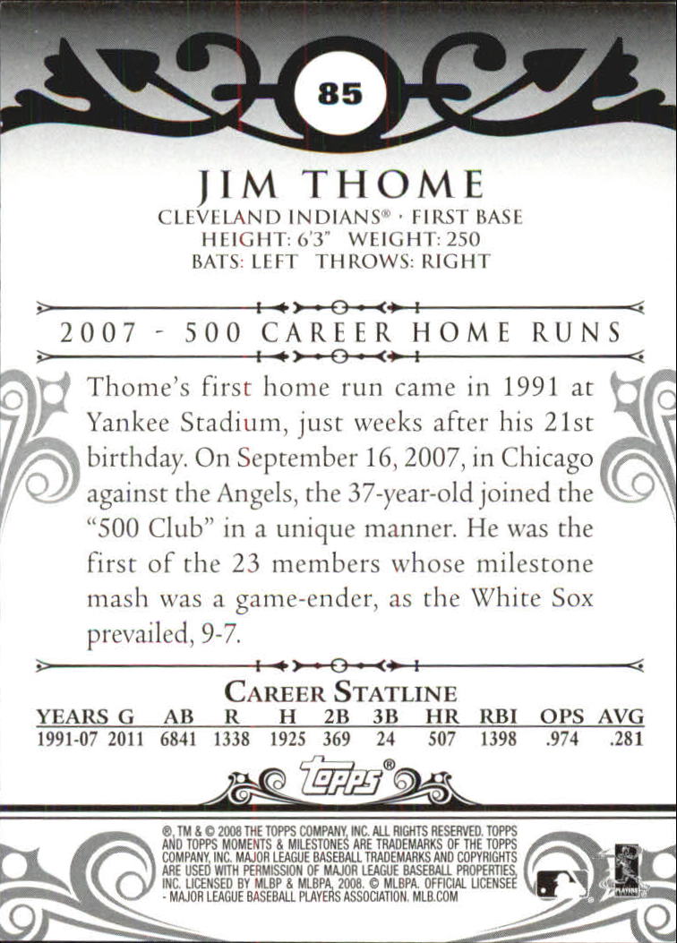 2008 Topps Moments and Milestones #85-52 Jim Thome back image