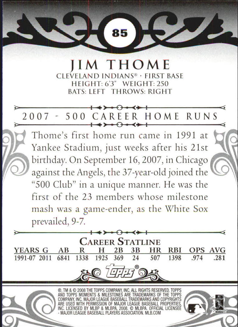 2008 Topps Moments and Milestones #85-169 Jim Thome back image