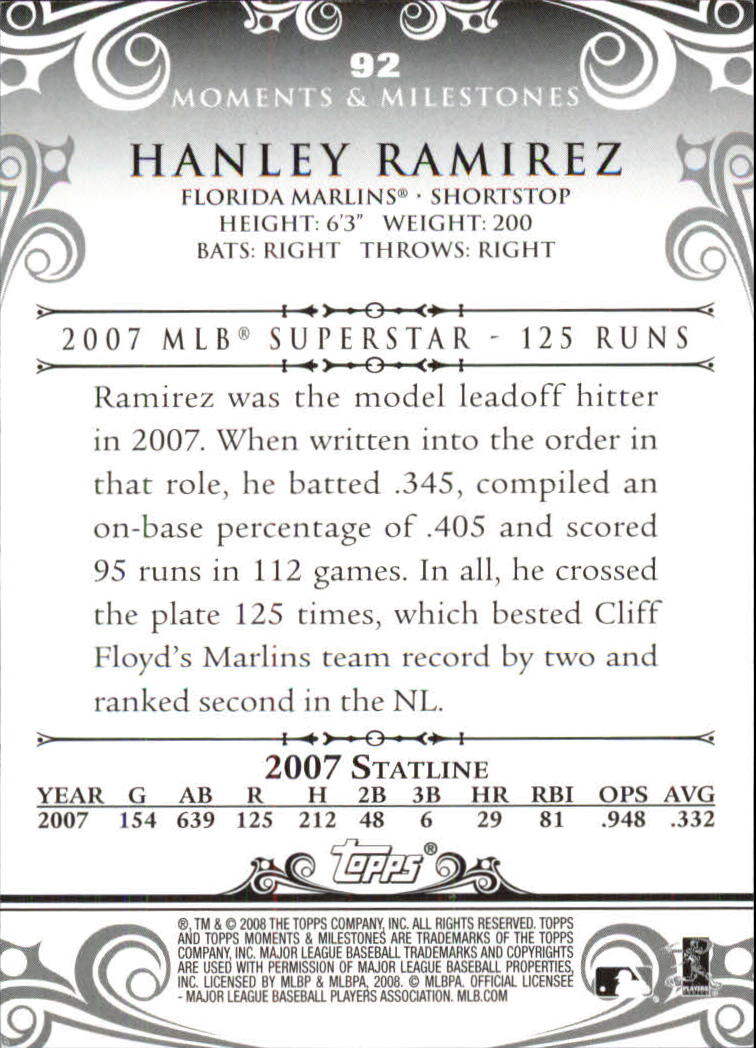 2008 Topps Moments and Milestones #92-97 Hanley Ramirez back image