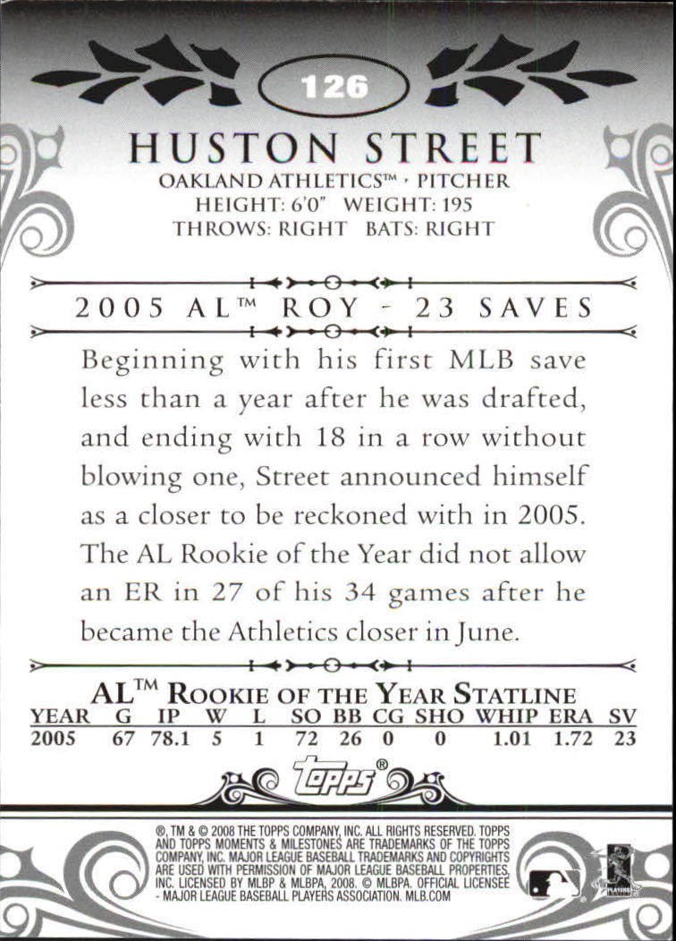 2008 Topps Moments and Milestones #126-5 Huston Street back image