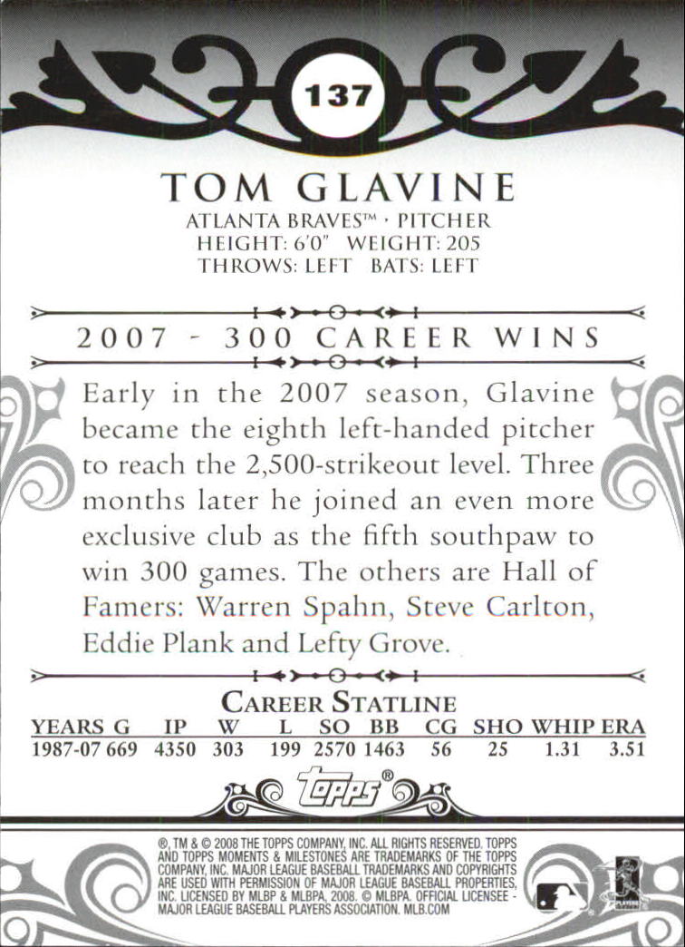 2008 Topps Moments and Milestones #137-194 Tom Glavine back image
