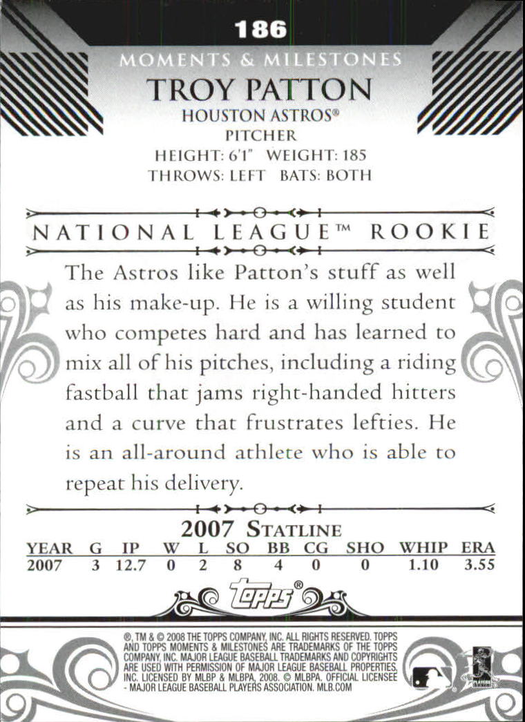 2008 Topps Moments and Milestones #186 Troy Patton (RC) back image