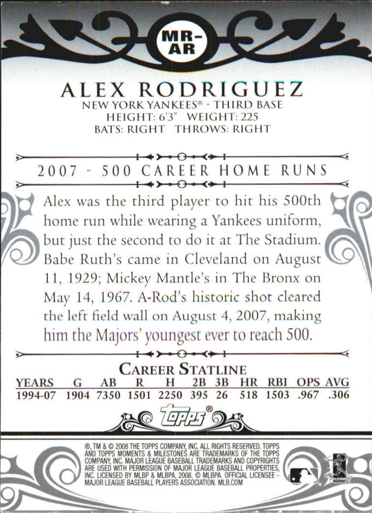 2008 Topps Moments and Milestones Alex Rodriguez 500 HR Wall Relic #AR Alex Rodriguez back image