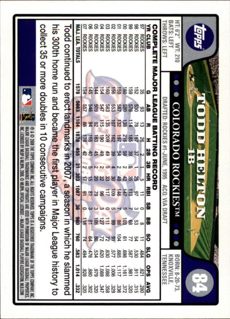 2008 Topps Opening Day #84 Todd Helton back image