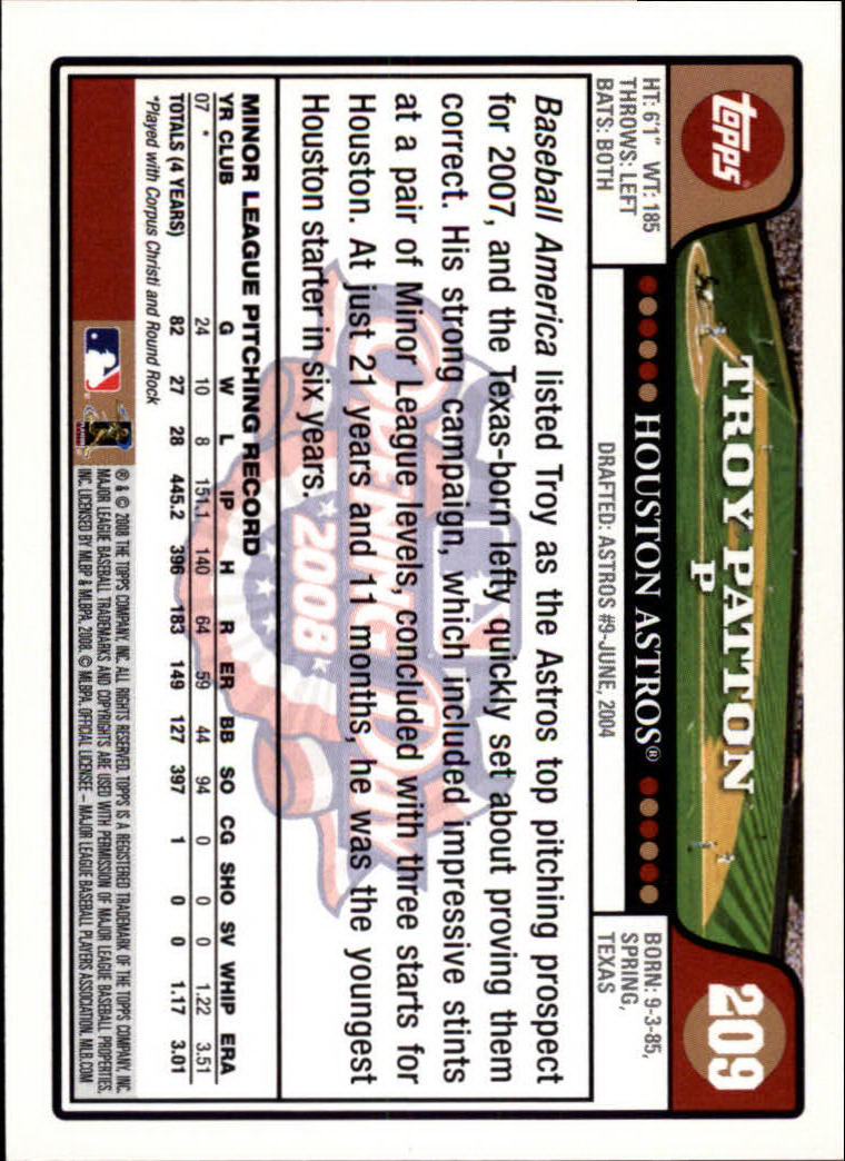 2008 Topps Opening Day #209 Troy Patton (RC) back image
