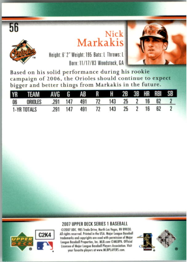 2007 Upper Deck Predictor Green #56 Nick Markakis back image