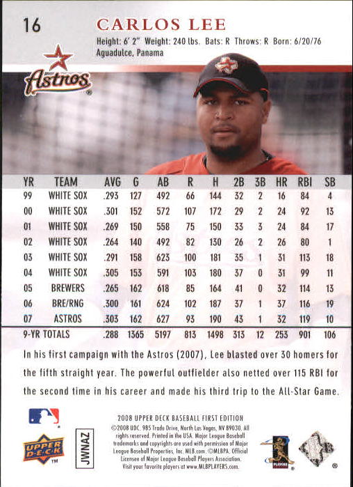 2008 Upper Deck First Edition #16 Carlos Lee back image