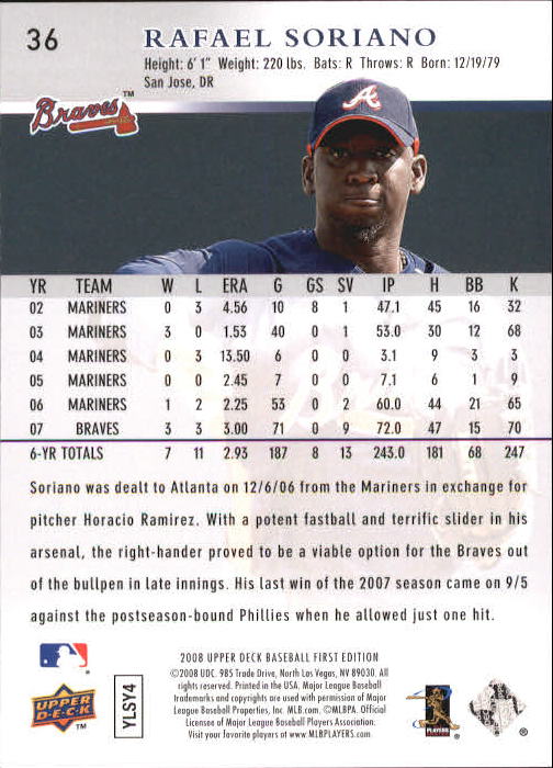 2008 Upper Deck First Edition #36 Rafael Soriano back image