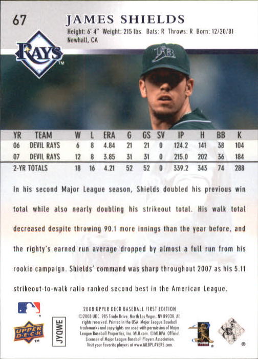 2008 Upper Deck First Edition #67 James Shields back image