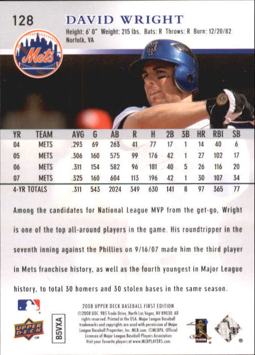 2008 Upper Deck First Edition #128 David Wright back image