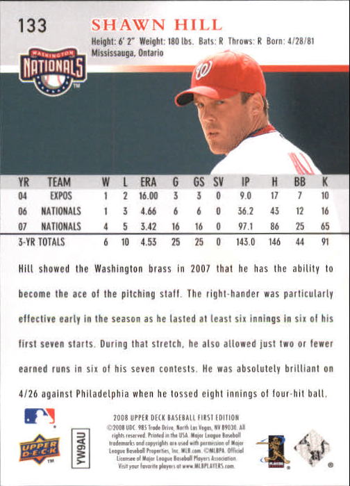 2008 Upper Deck First Edition #133 Shawn Hill back image