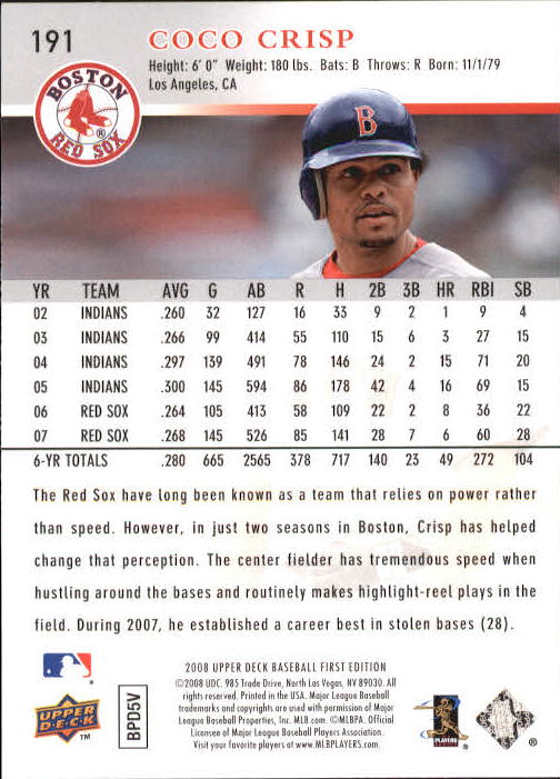 2008 Upper Deck First Edition #191 Coco Crisp back image