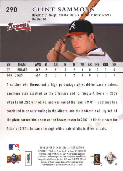 2008 Upper Deck First Edition #290 Clint Sammons (RC) back image