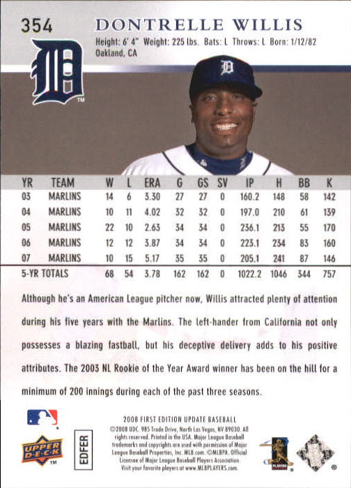2008 Upper Deck First Edition #354 Dontrelle Willis back image