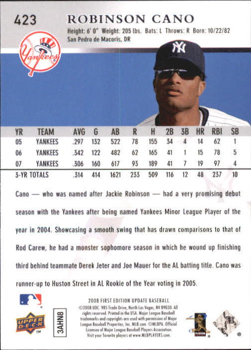 2008 Upper Deck First Edition #423 Robinson Cano back image