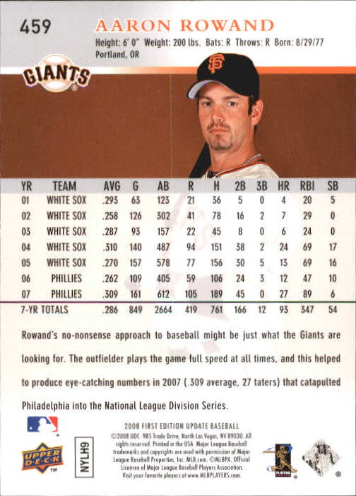 2008 Upper Deck First Edition #459 Aaron Rowand back image
