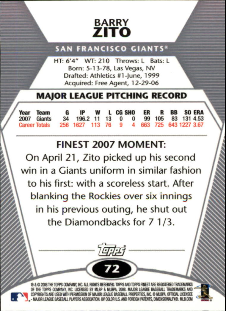 2008 Finest #72 Barry Zito back image