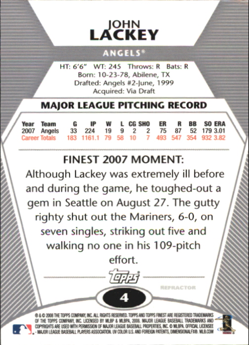 2008 Finest Refractors #4 John Lackey back image