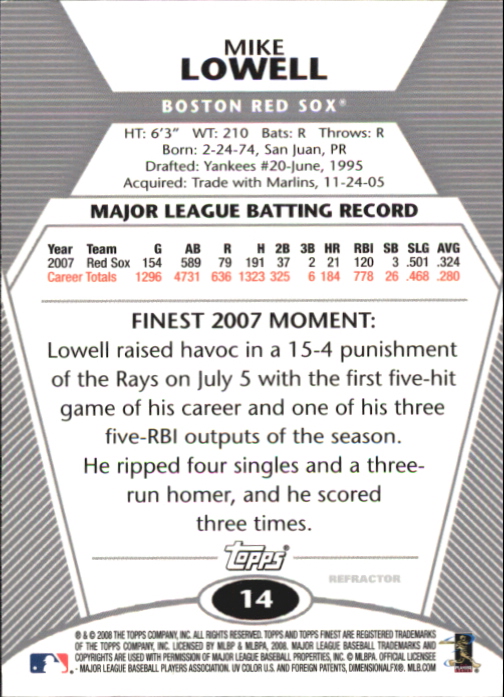 2008 Finest Refractors #14 Mike Lowell back image