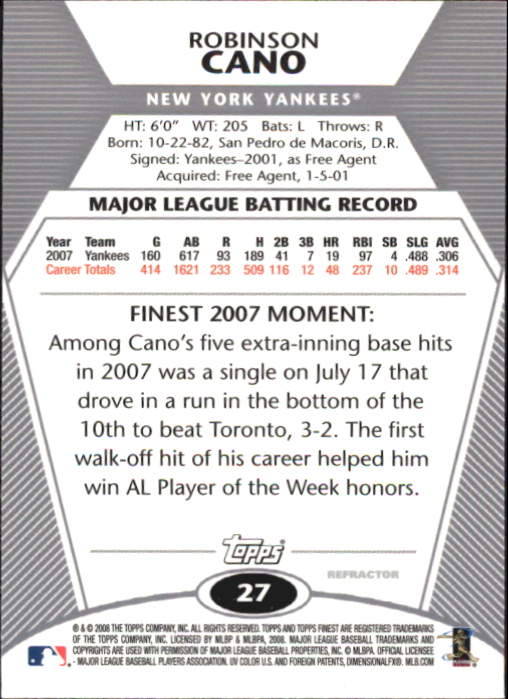 2008 Finest Refractors #27 Robinson Cano back image