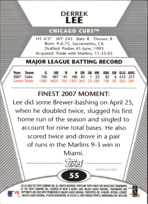 2008 Finest Refractors #55 Derrek Lee back image