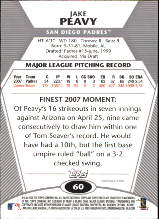 2008 Finest Refractors #60 Jake Peavy back image