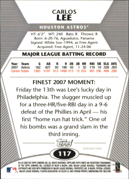 2008 Finest Refractors #117 Carlos Lee back image