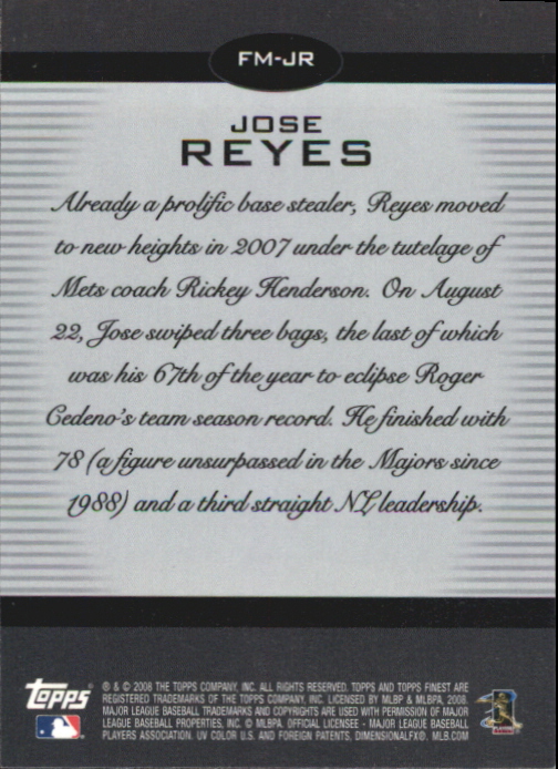 2008 Finest Finest Moments Refractors #JR Jose Reyes back image
