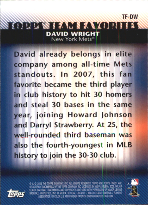 2008 Finest Topps Team Favorites #DW David Wright back image