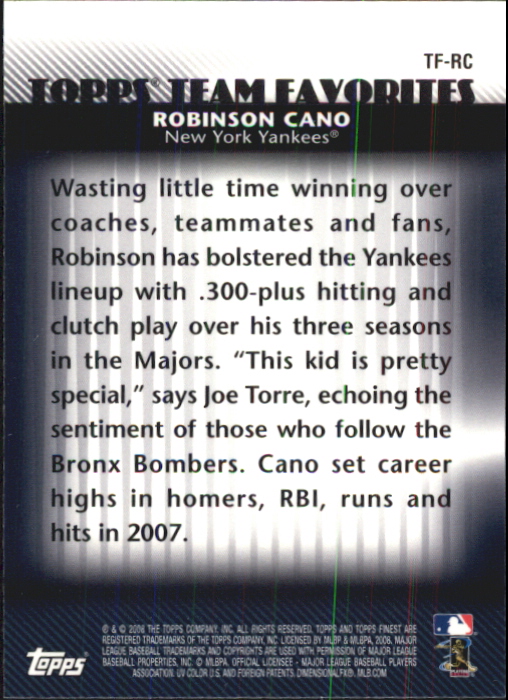 2008 Finest Topps Team Favorites #RC Robinson Cano back image