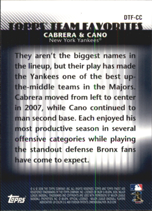 2008 Finest Topps Team Favorites Dual #CC Melky Cabrera/Robinson Cano back image