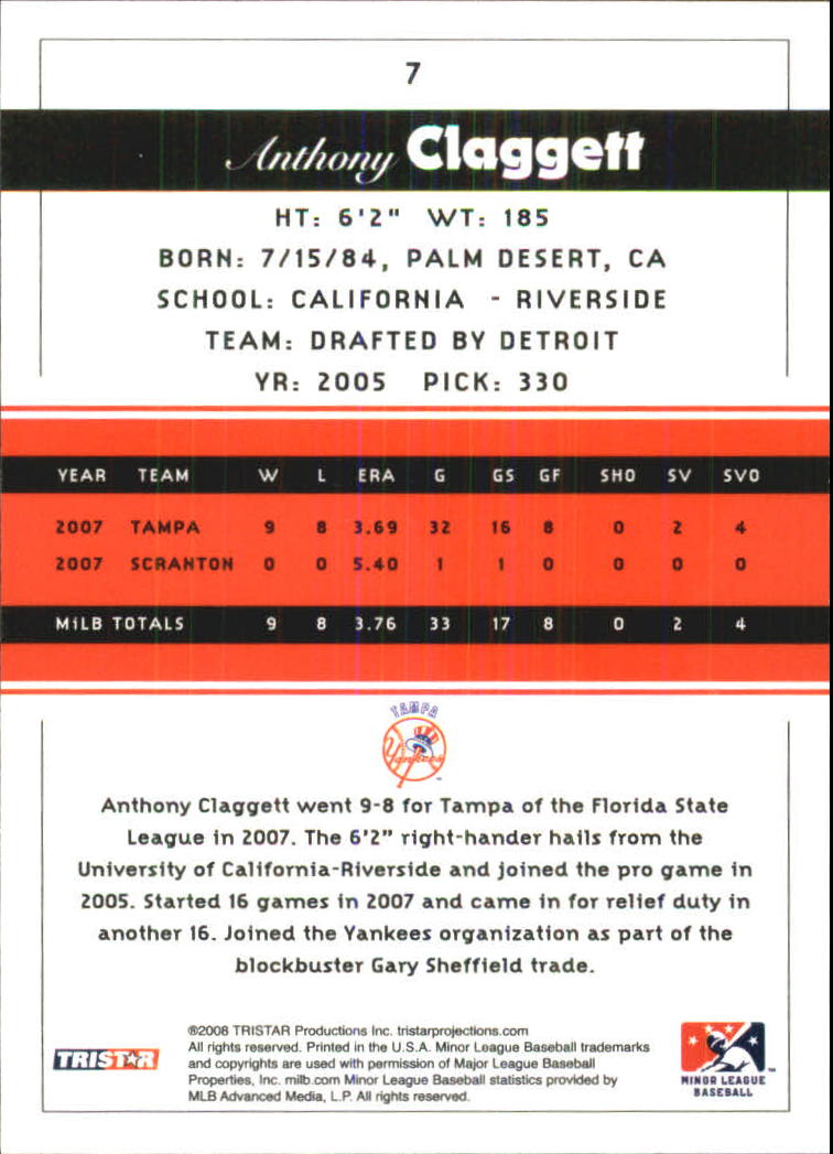 2008 TRISTAR PROjections #7 Anthony Claggett back image