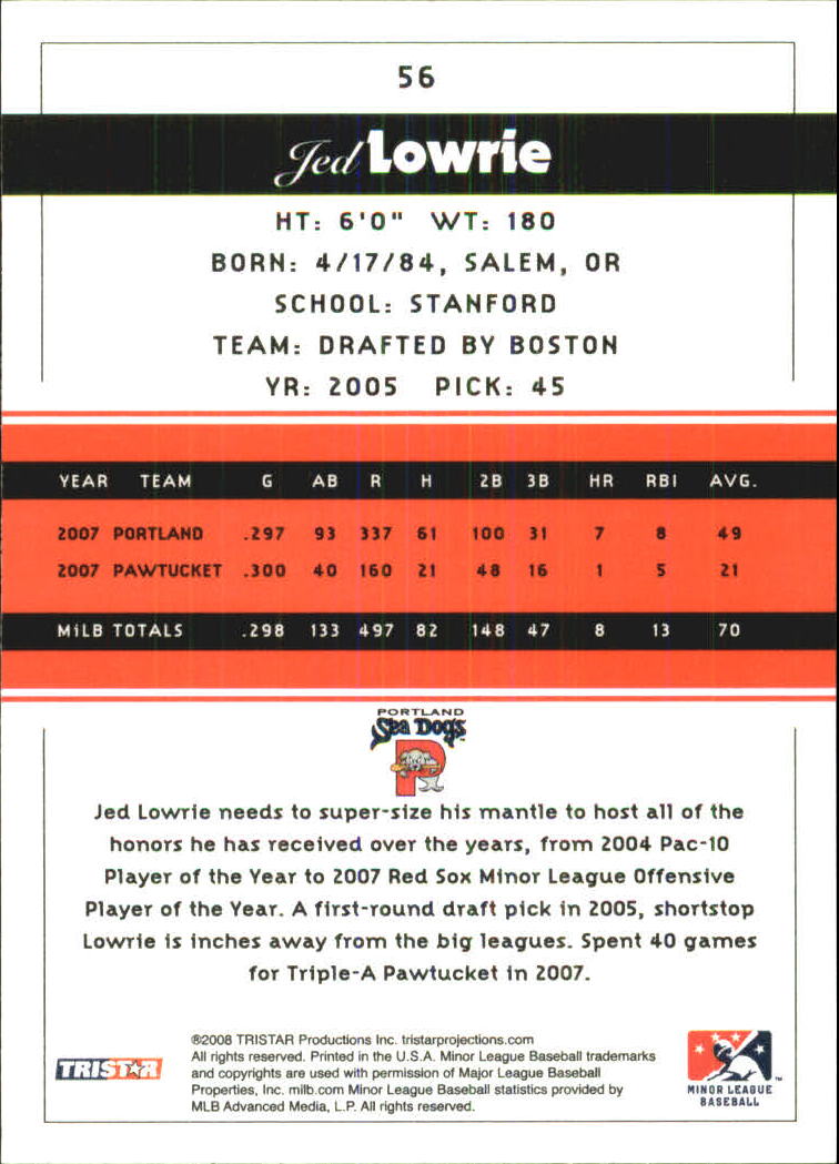 2008 TRISTAR PROjections #56 Jed Lowrie back image