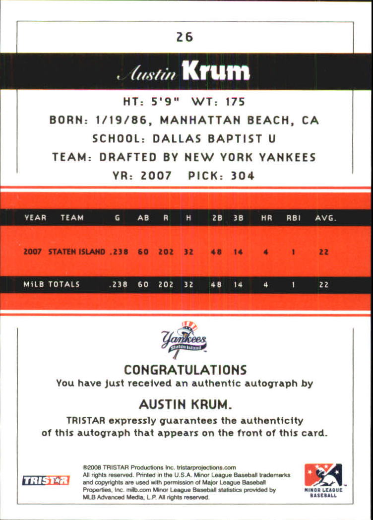 2008 TRISTAR PROjections Autographs #26 Austin Krum back image