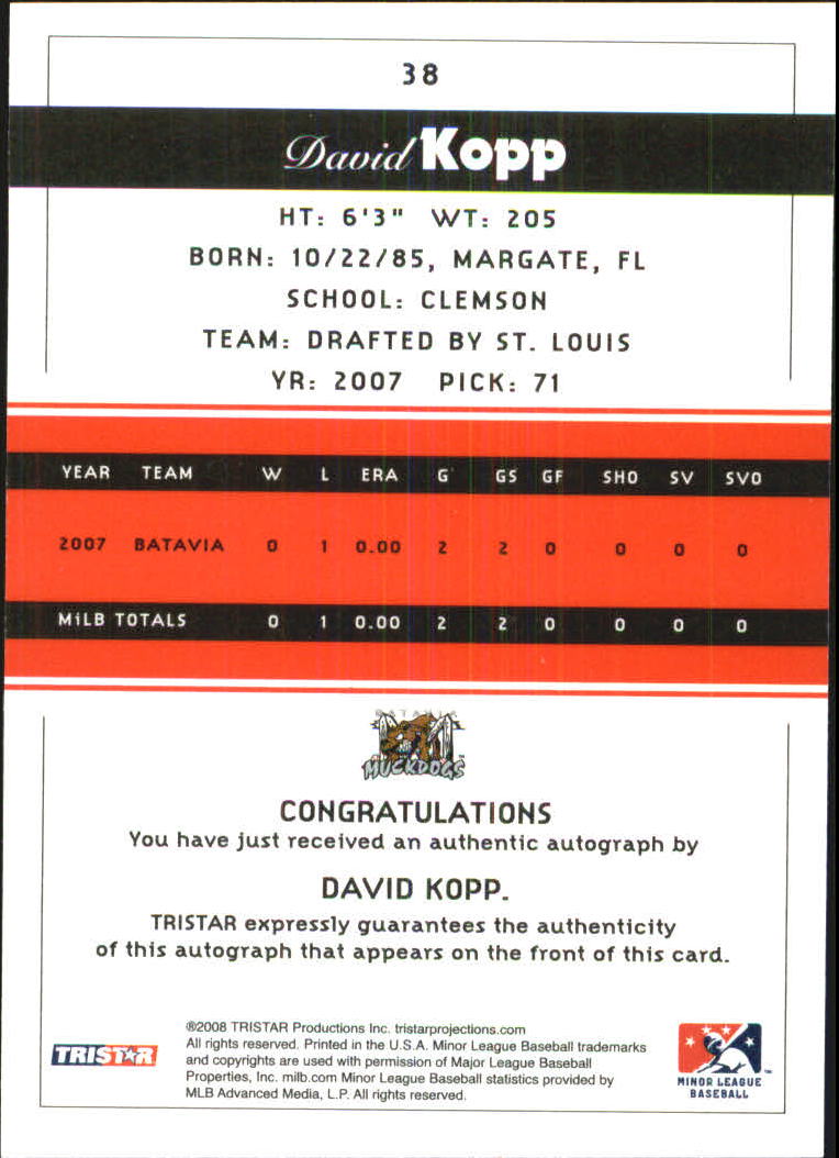 2008 TRISTAR PROjections Autographs #38 David Kopp back image