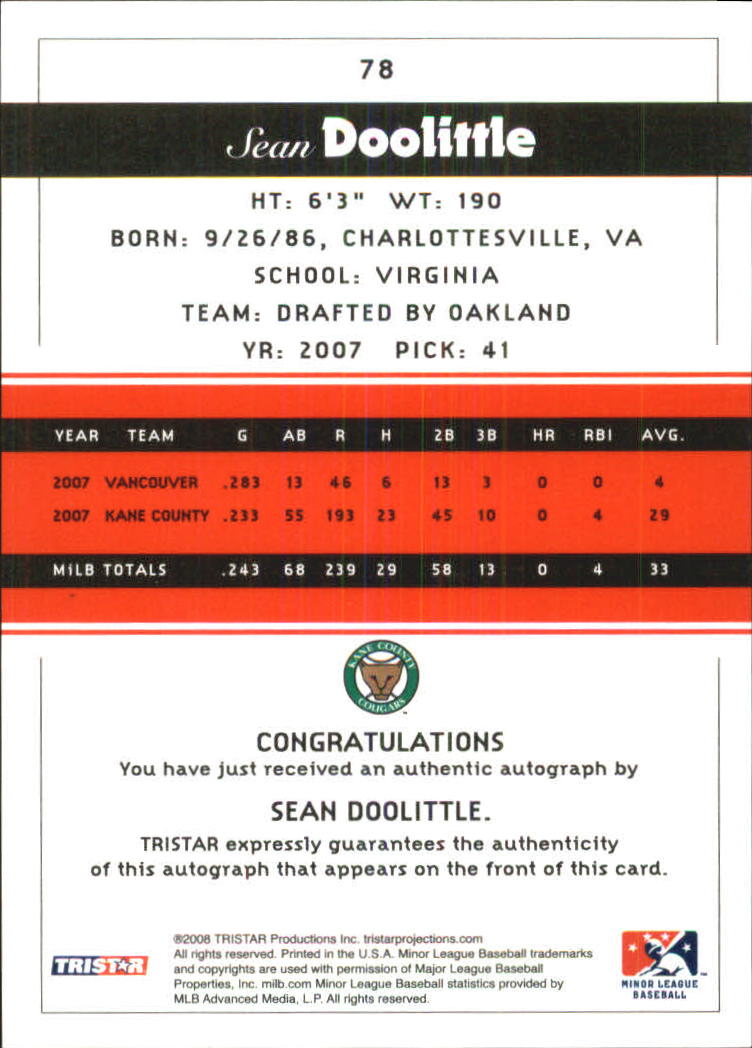 2008 TRISTAR PROjections Autographs #78 Sean Doolittle back image