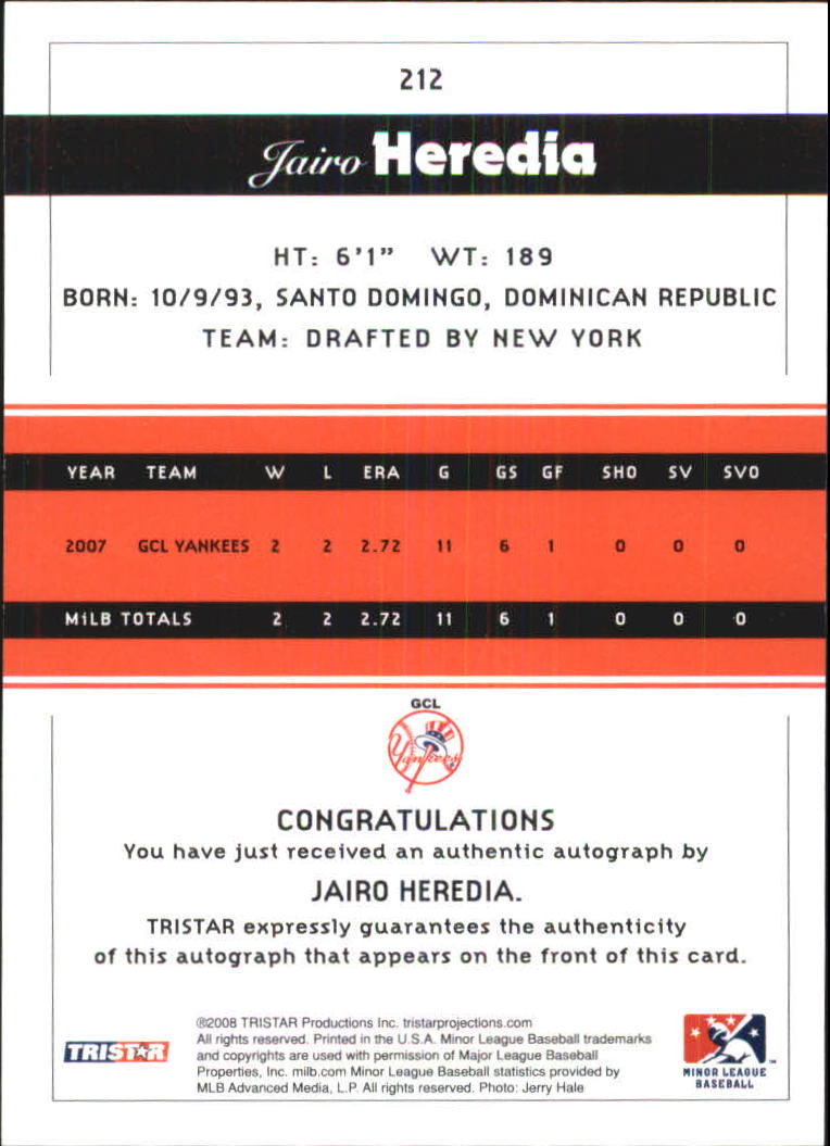 2008 TRISTAR PROjections Autographs #212 Jairo Heredia back image