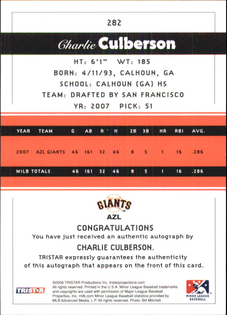 2008 TRISTAR PROjections Autographs #282 Charlie Culberson back image