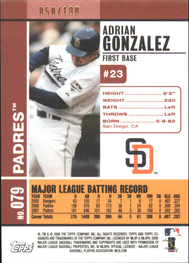 2008 Topps Co-Signers Hyper Plaid Red #79a Adrian Gonzalez back image