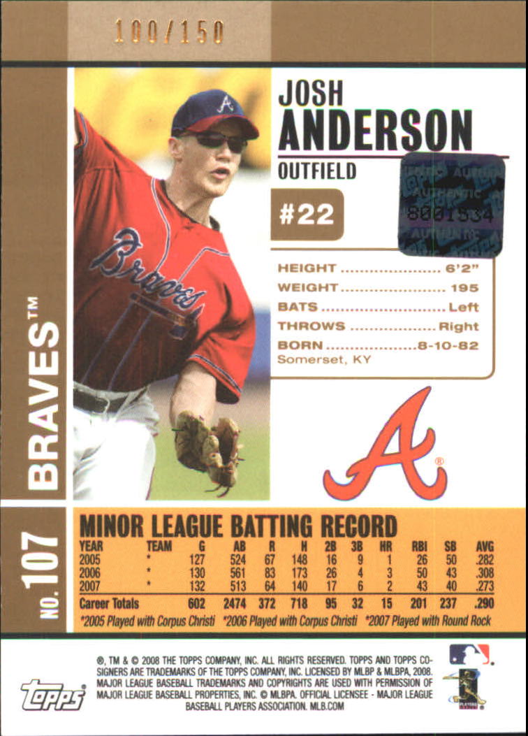 2008 Topps Co-Signers Silver Gold #107 Josh Anderson AU back image