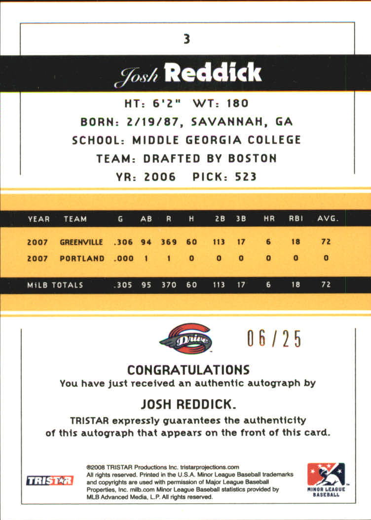 2008 TRISTAR PROjections Autographs Yellow #3 Josh Reddick back image