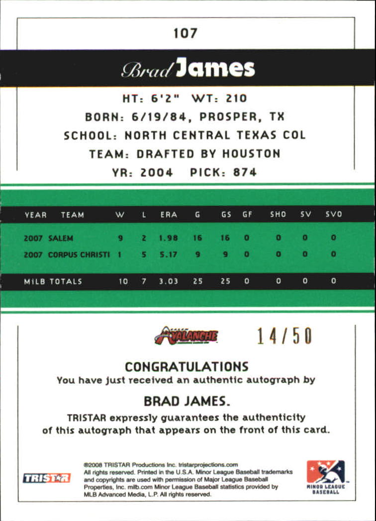 2008 TRISTAR PROjections Autographs Reflectives Green #107 Brad James back image