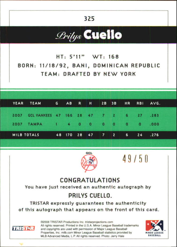 2008 TRISTAR PROjections Autographs Reflectives Green #325 Prily Cuello back image