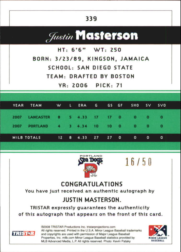 2008 TRISTAR PROjections Autographs Reflectives Green #339 Justin Masterson back image