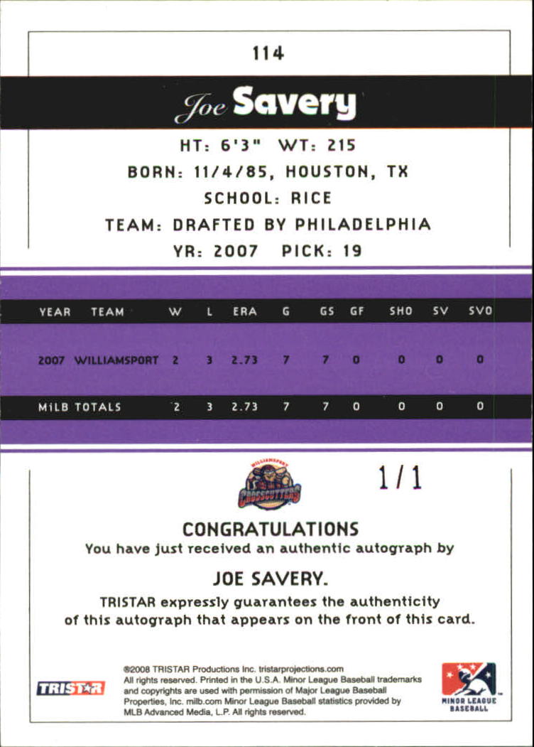 2008 TRISTAR PROjections Autographs Reflectives Purple #114 Joe Savery back image