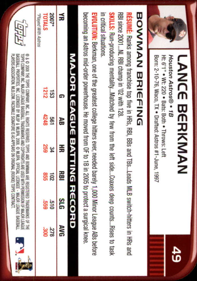 2008 Bowman #49 Lance Berkman back image