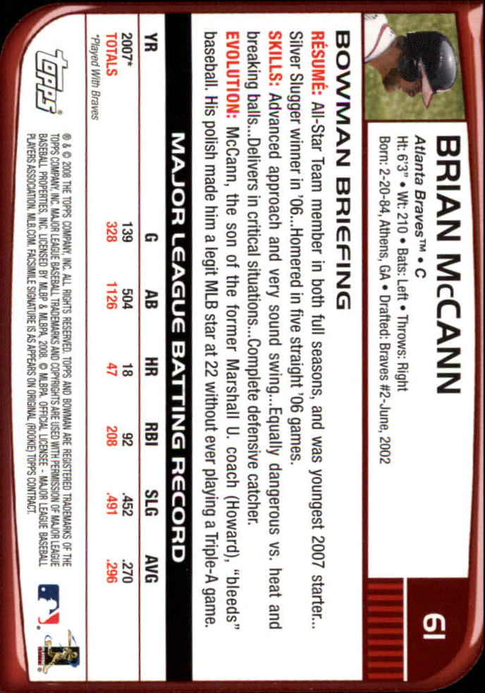2008 Bowman #61 Brian McCann back image