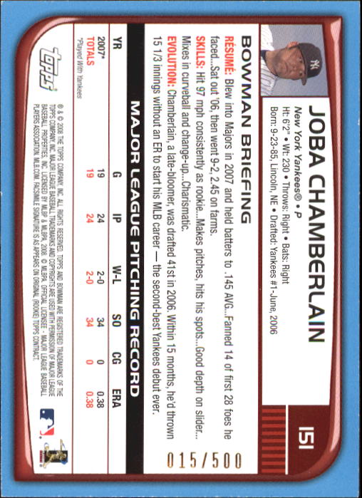 2008 Bowman Blue #151 Joba Chamberlain back image