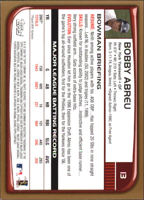 2008 Bowman Gold #13 Bobby Abreu back image